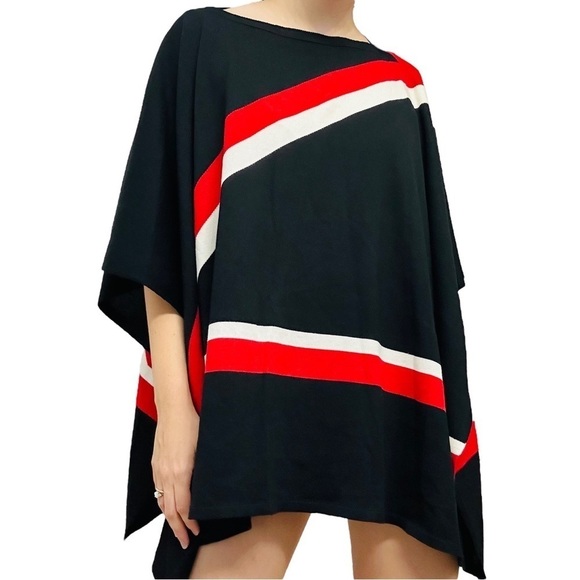 St. John Cape Poncho Sweater Wool Knit Minimalist Designer Black Striped Small - Picture 1 of 9